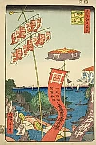 Kanasugi Bridge at Shibaura (Kanasugibashi Shibaura), from the series "One Hundred Famous Views of Edo (Meisho Edo hyakkei)" by Utagawa Hiroshige