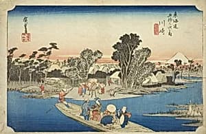 Kawasaki: The Rokugo Ferry (Kawasaki, Rokugo watashibune), from the series "Fifty-three Stations of the Tokaido (Tokaido gojusan tsugi no uchi)," also known as the Hoeido Tokaido by Utagawa Hiroshige