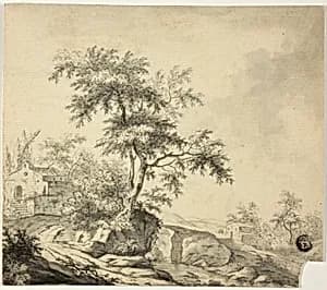 Landscape with Tree on Road to Buildings by Jacob van Ruisdael