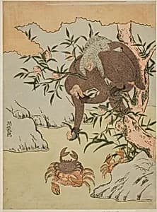 Monkey playing with crabs by Isoda Koryusai