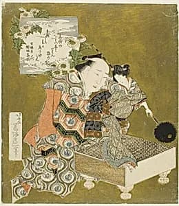 Puppeteer holding puppet on "go" board by Katsushika Hokusai