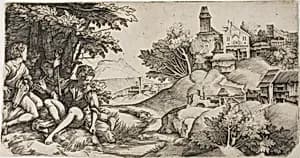 Shepherds in a Landscape by Giulio Campagnola
