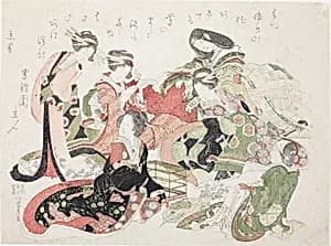 Six women seated around a bird cage by Katsushika Hokusai