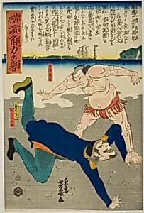 Wreatler overthrowing Frenchman by Utagawa Yoshiiku