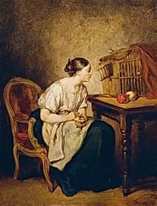 Junge Frau mit Vogelkäfig by Octave Nicolas Francois Tassaert