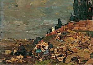 Kinder an der Friedhofsmauer by Tina Blau