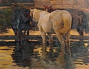 Pferde in der Schwemme by Hans von Hayek