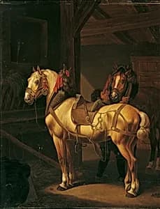 Zwei Zugpferde im Stall by Johann Baptist Michael Dallinger von Dalling