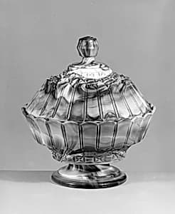 Purple marble glass covered bowl by Challinor, Taylor and Company