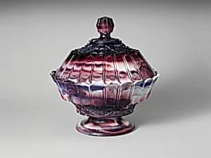 Purple marble glass covered bowl by Challinor, Taylor and Company
