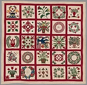 Quilt, Album pattern by Elizabeth Morrison|Margaret L. Brown|Ann Brown|Mary E. Doretee|Susan Amanda Turner|M. W. Conal|Mary E. Turner|Susanna Turner|Brown and Turner families|Brown family|Turner family|Rachel D. Taylor|M. A. Hook|Elizabeth D. Dobler|Jane L. Creamer|Helen Brown|Mary Turner|Francis Turner|Mary Ann O. Laughlen|Mary A. Dobler|M. A. H.|Frances Leivis|Susan I. Turner|Jane Brown|Agnes A. S. House