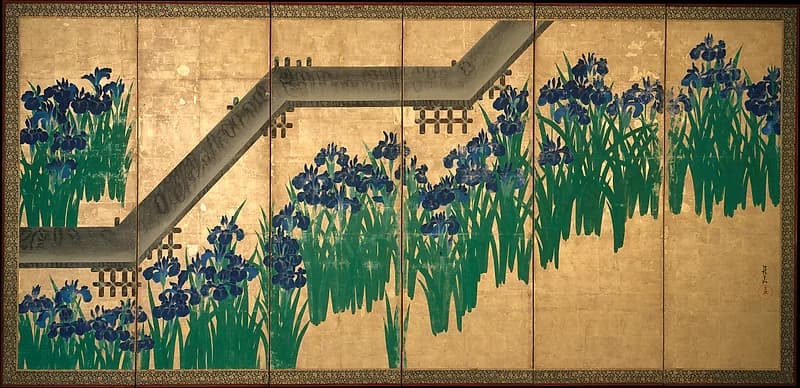 Edo Period (Japan) — Irises at Yatsuhashi (c. 1710s) by Ogata Kōrin