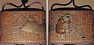 Case (Inrō) with a Fox from the Kyōgen Play "The Fox Hunter" (Tsurigitsune) (obverse); Haystacks and Stream from the Kyōgen Play "Hakuzosu" (reverse) by Shibata Zeshin