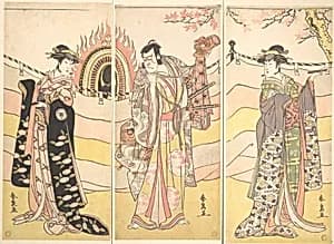 Three Actors in Beautiful Costumes Performing a Religious Dance by Katsukawa Shunsen