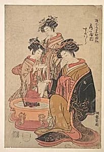 The Oiran Sugawara of Tsuru-ya seated beside a hibachi (fire box) by Isoda Koryūsai