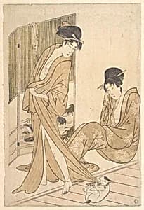 Two Young Women Wrapped in Yukata After a Bath by Kitagawa Utamaro