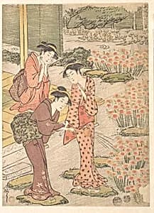 Three Young Women in a Garden where Nadeshiko Pinks are Growing by Kuwagata Keisai