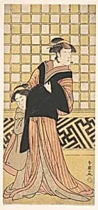 Wakayama Tomisaburo as a Woman in a Yellow and Red-Brown Striped Kimono by Katsukawa Shun'ei 勝川春英