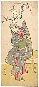 The Fourth Iwai Hanshiro as a Young Girl Standing by a Wooden Bench by Katsukawa Shun'ei 勝川春英