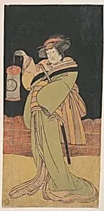 The Second Yamashita Kinsaku as a Woman Standing at Night by Katsukawa Shunshō　勝川春章