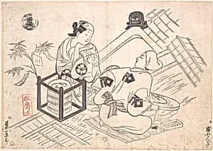 Katsuyama Matagoro as a Yane-chi Seated on a Straw Mat on the Tiled Roof of a House by Okumura Masanobu