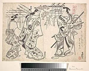 Ikushima Shingoro as a Bushi (Samurai) and Ogino Yaegiri as a Woman with A girl Attendant by Okumura Masanobu