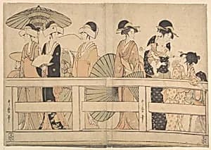 Enjoying the Cool Evening Breeze on and under the Bridge by Kitagawa Utamaro