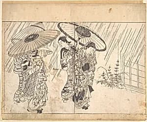 A Lady with Three Attendants in the Rain by Nishikawa Sukenobu