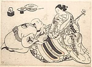 A Man in a Kneeling Posture Bending Forward and Listening to an Oiran who is Playing the Shamisen by Okumura Masanobu
