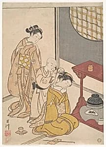 Night Rain at the Double-Shelf Stand, from the series Eight Parlor Views (Zashiki hakkei) by Suzuki Harunobu