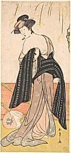 The Actor Nakamura Riko as an Oiran Tying Her Obi by Katsukawa Shunshō　勝川春章