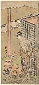 An Oiran in Night Attire, pausing, with one Hand on the Screen that Surrounds Her Bed by Torii Kiyonaga