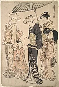 Two Women in Summer Costume Taking a Young Girl to a Shinto Temple for the Miya Mairi Ceremony by Torii Kiyonaga