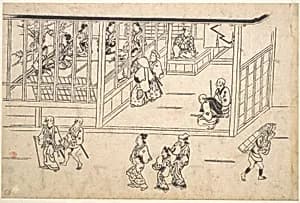 Street scene in the Yoshiwara by Hishikawa Moronobu 菱川師宣