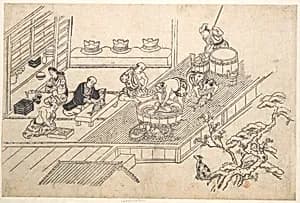 The Kitchen of a Joroya. by Hishikawa Moronobu 菱川師宣