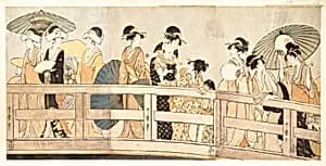 Enjoying the Cool Evening Breeze on and under the Bridge by Kitagawa Utamaro