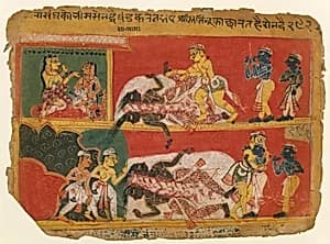 Bhima Slays Jarasandha: Page from a Bhagavata Purana Manuscript by Unknown Artist