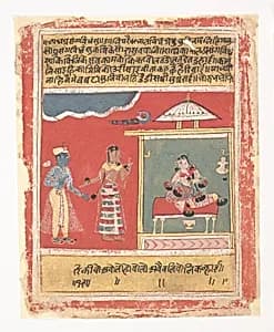Radha's Friend Pleads with Her to Receive Krishna: Page from a Dispersed Rasikapriya by Unknown Artist