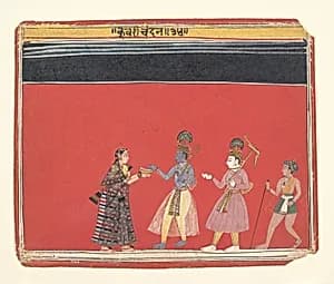 Krishna Accepts an Offering from the Hunchbacked Woman Trivakra: Page from a Bhagavata Purana Series by Unknown Artist