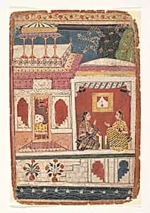 Radha and Her Confidant Sit in an Open Room: Page from a Dispersed Rasikapriya by Unknown Artist