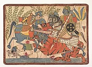 “Harishchandra and his Minister Killing a Tiger,” folio from a Harishchandra Series by Unknown Artist