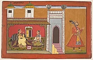 A Courtesan and Her Lover Estranged by a Quarrel: Page from a Rasamanjari series by Devidasa of Nurpur