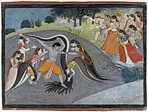 Krishna Subduing Kaliya, the Snake Demon: Folio from a Bhagavata Purana Series by First generation after Manaku and Nainsukh