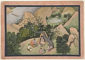 Rama, Sita, and Lakshmana at the Hermitage of Bharadvaja: Illustrated folio from a dispersed Ramayana series by Unknown Artist