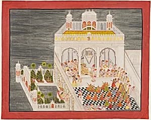 Maharana Ari Singh with His Courtiers Being Entertained at the Jagniwas Water Palace by Bhima|Kesu Ram|Bhopa|Nathu