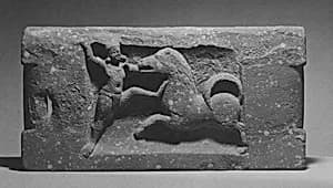 Exercise weight with scene of Krishna killing the horse-demon Keshi by Unknown Artist