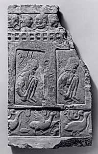 Tile with Impressed Figures of Emaciated Ascetics and Couples behind Balconies and Ganders by Unknown Artist