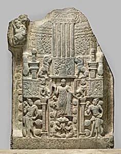 Drum panel depicting a stupa with the Buddha’s descent from Trayastrimsa Heaven by Unknown Artist