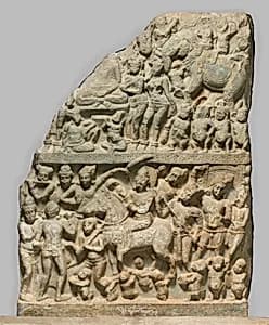 Drum panel with scenes of the Great Departure and Temptation of the Buddha by Unknown Artist