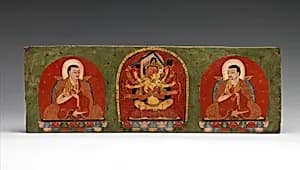 Interior of a Manuscript Cover: Manjuvajra Embracing His Consort, with Attendant Lamas by Unknown Artist